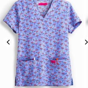Betsey Johnson Tropical Flamingo Bell  2-Pocket V-Neck Print Scrub Top Med